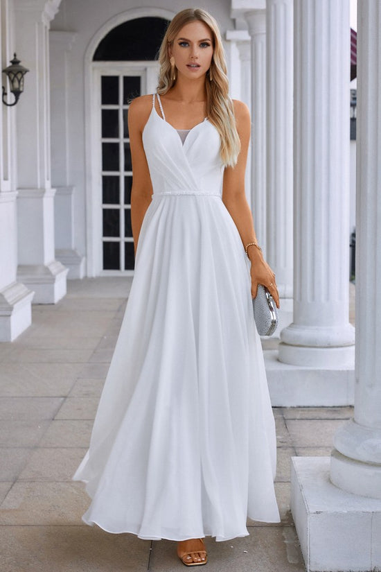 White Straps V-Neck A-Line Ruffle Long Evening Dress