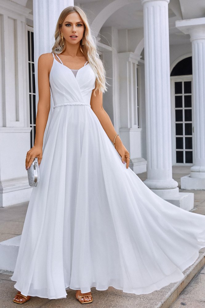 White Straps V-Neck A-Line Ruffle Long Evening Dress