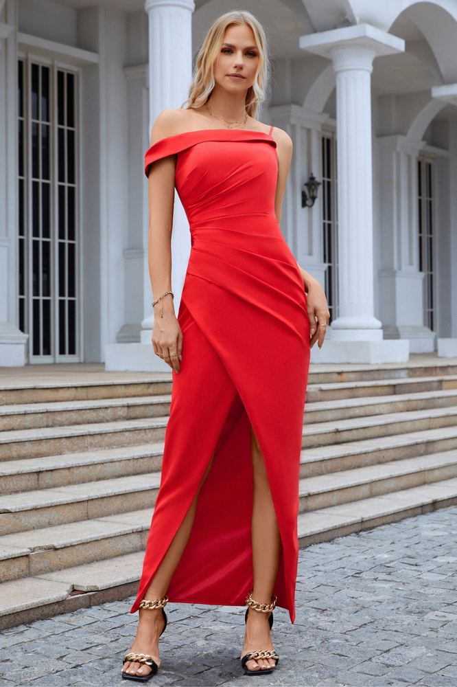 Red Asymmetrical One Shoulder Ruched Evening Dress with Slit
