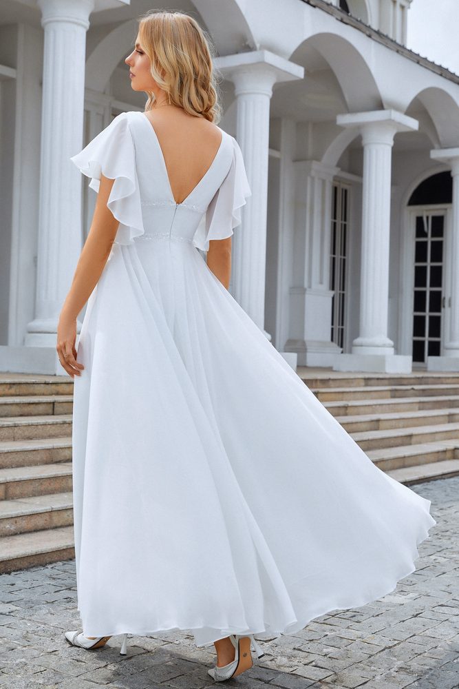 White V-Neck Flutter Sleeves A-Line Long Evening Dress