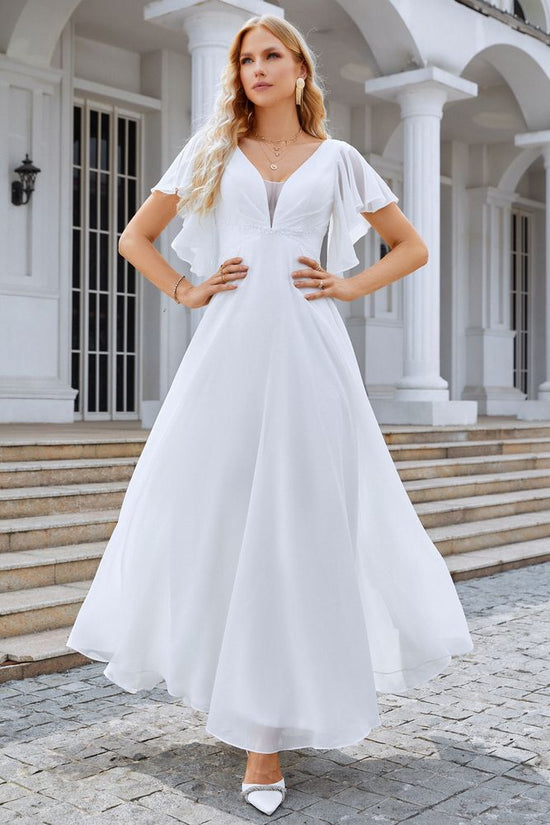 White V-Neck Flutter Sleeves A-Line Long Evening Dress