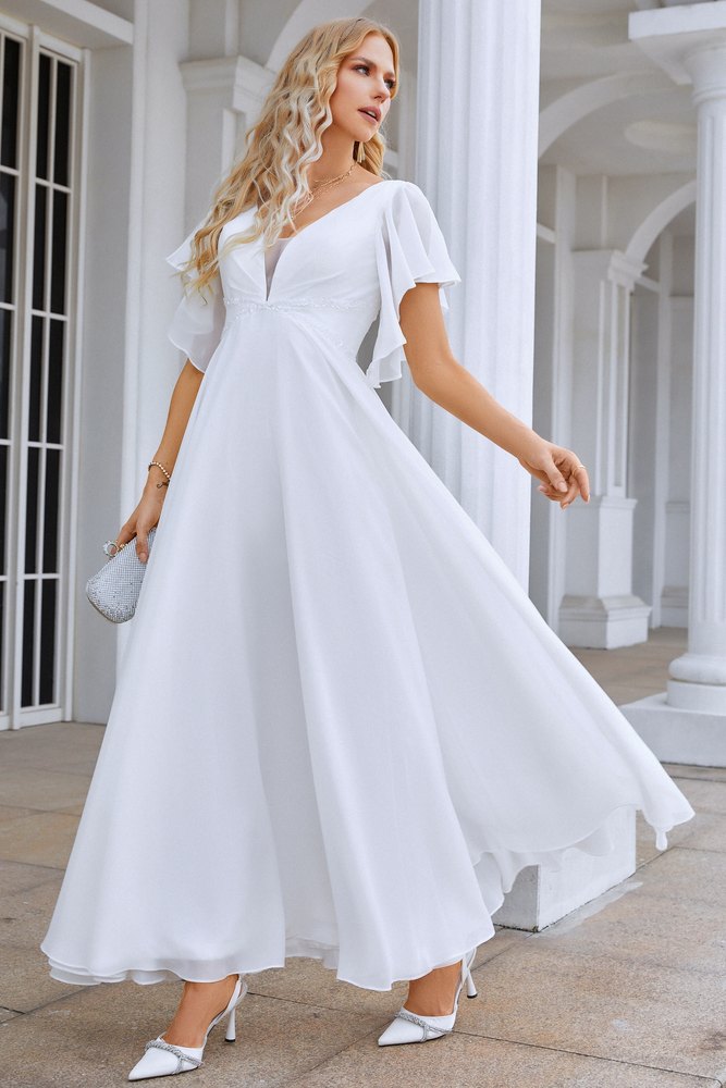 White V-Neck Flutter Sleeves A-Line Long Evening Dress