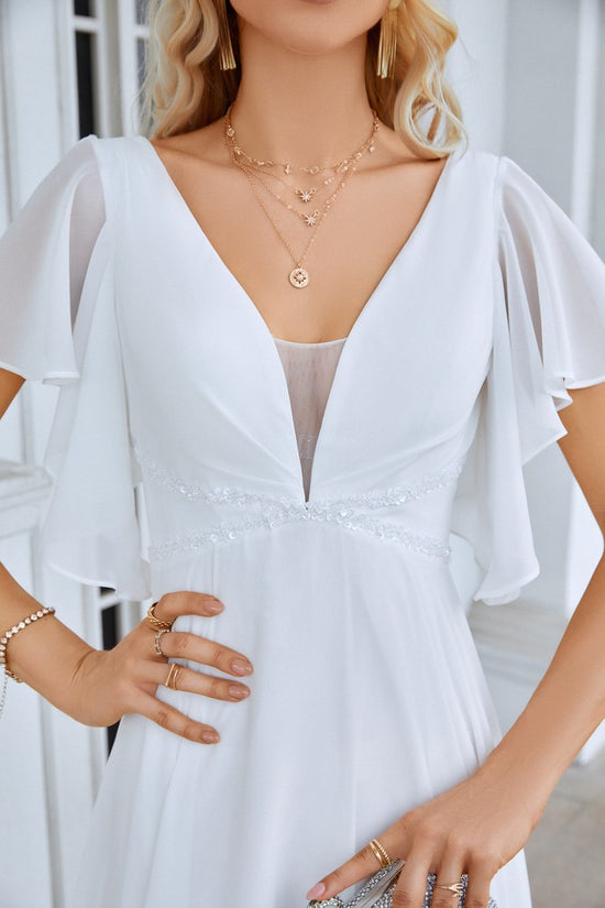 White V-Neck Flutter Sleeves A-Line Long Evening Dress