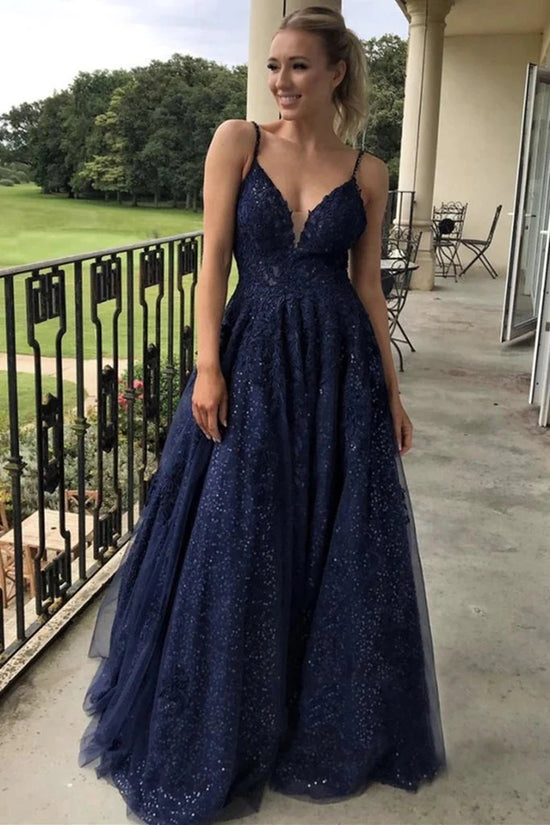 Lace A-Line Sweetheart Sleeveless Navy Blue Prom Dress