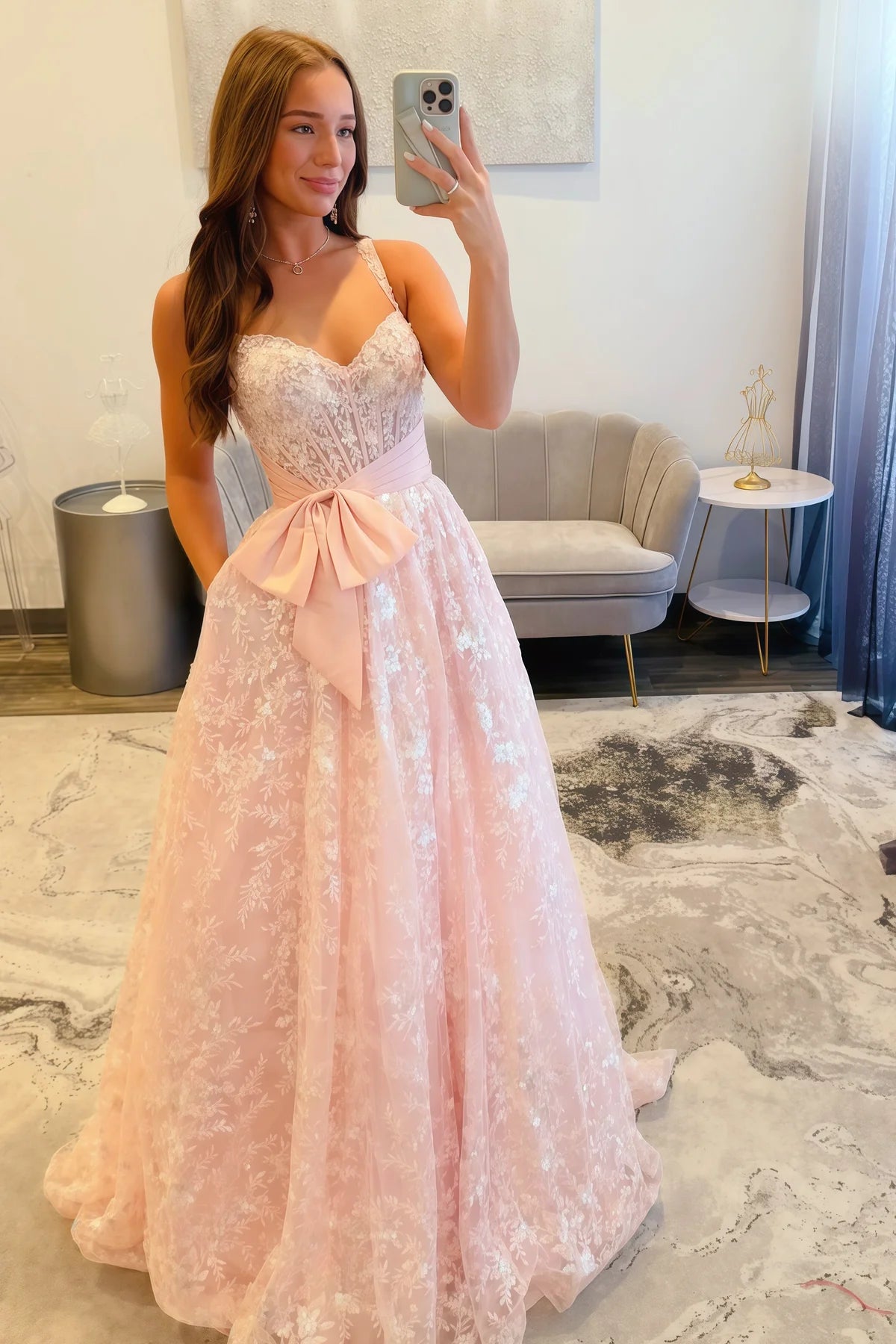 Lace A-Line Sweetheart Spaghetti Straps Long Party Prom Dress