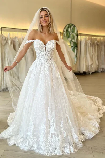 Lace Appliques Tulle A-Line Off-Shoulder With Train Wedding Dress