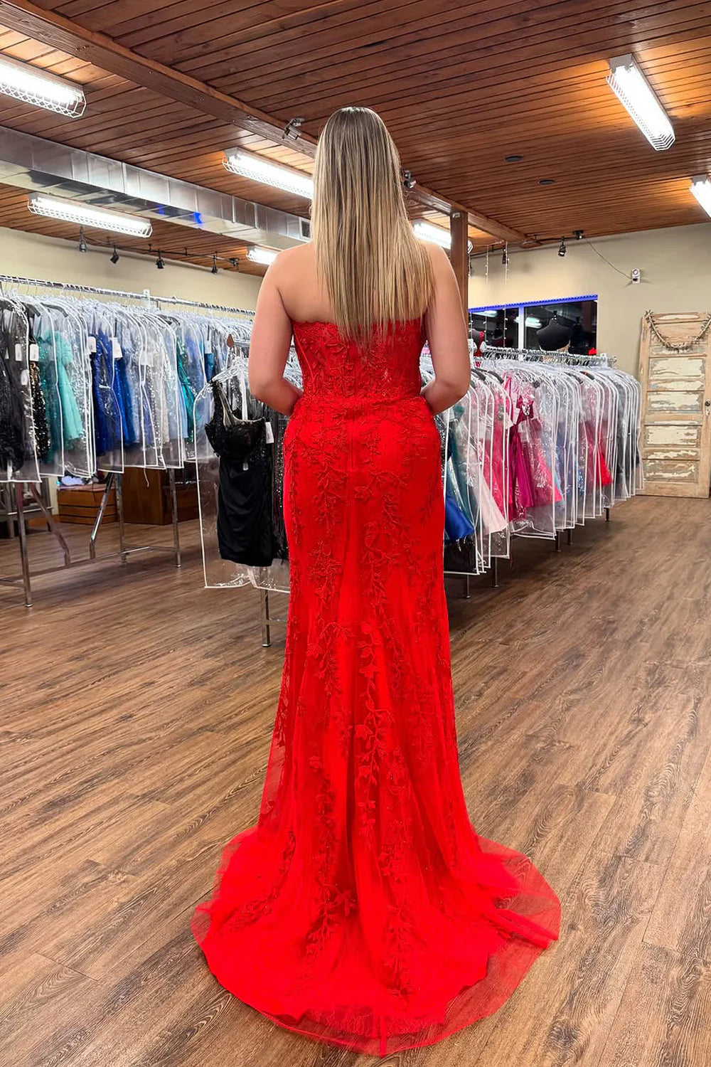 Lace Bateau Strapless Empire Party Prom Dress With Slit