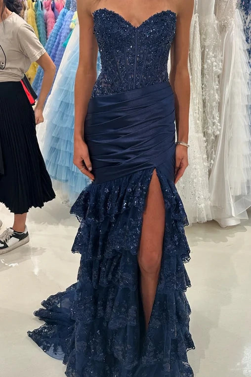 Lace Sweetheart Strapless Tiered Mermaid Prom Dress