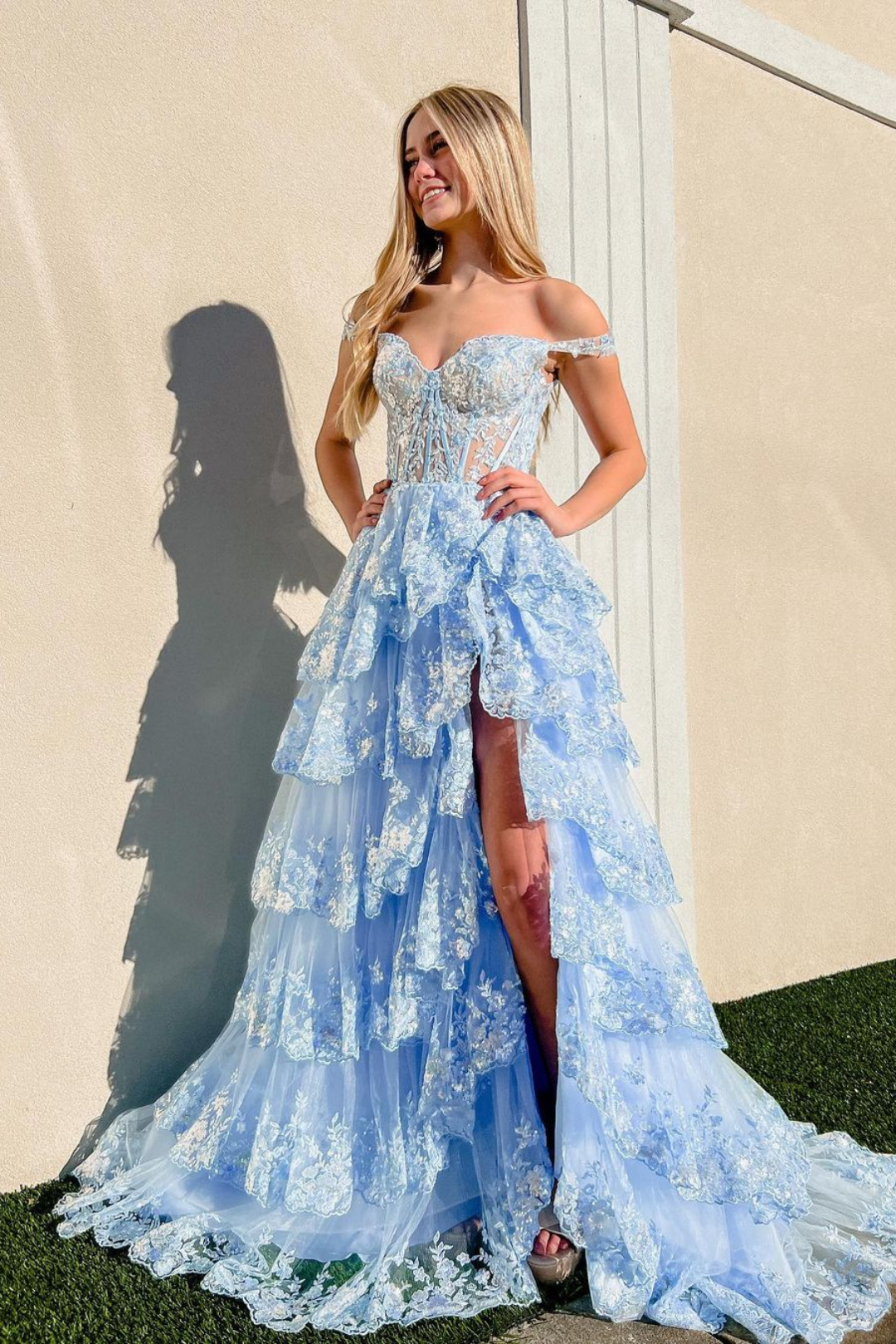 Lace Tulle A-Line Off-Shoulder Tiered With Side Slit Long Prom Dress