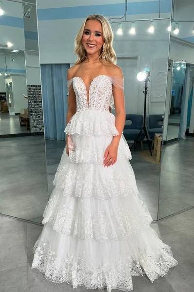 Lace Tulle A-Line Sweetheart Off-Shoulder Tiered With Train Prom Dress