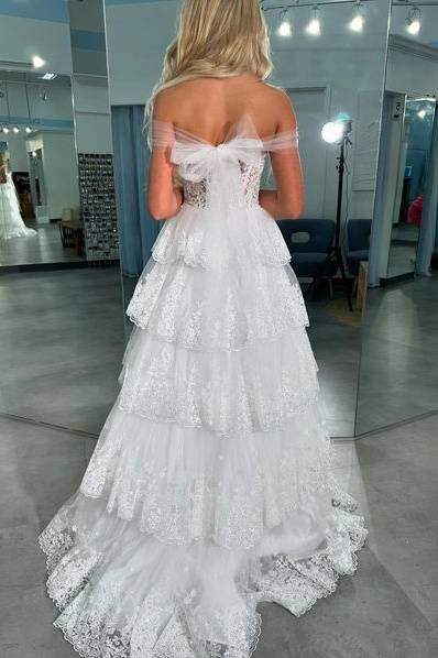 Lace Tulle A-Line Sweetheart Off-Shoulder Tiered With Train Prom Dress