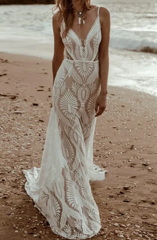 Lace V-Neck Spaghetti Straps Open Back Boho Beach Wedding Dress