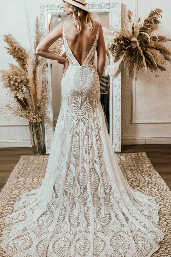 Lace V-Neck Spaghetti Straps Open Back Boho Beach Wedding Dress Movousdress Lace V-Neck Spaghetti Straps Open Back Boho Beach Wedding Dress Movousdress
