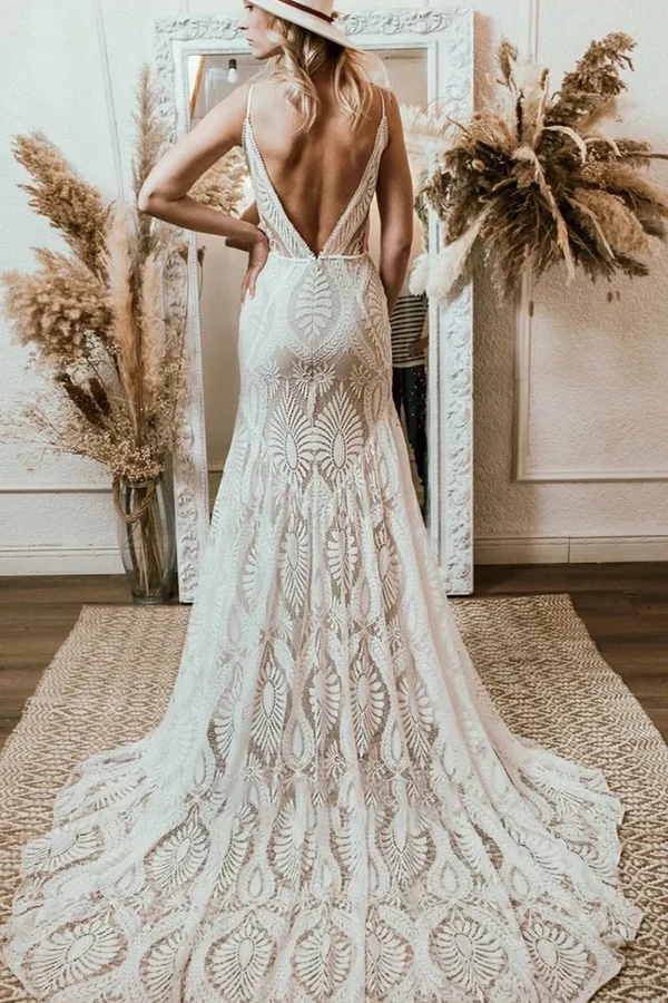 Lace V-Neck Spaghetti Straps Open Back Boho Beach Wedding Dress