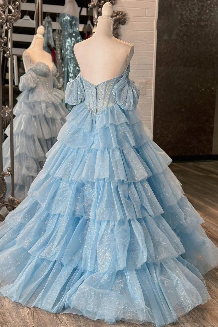 Light Blue Sweetheart Off-Shoulder Sparkly Tiered Party Prom Dress