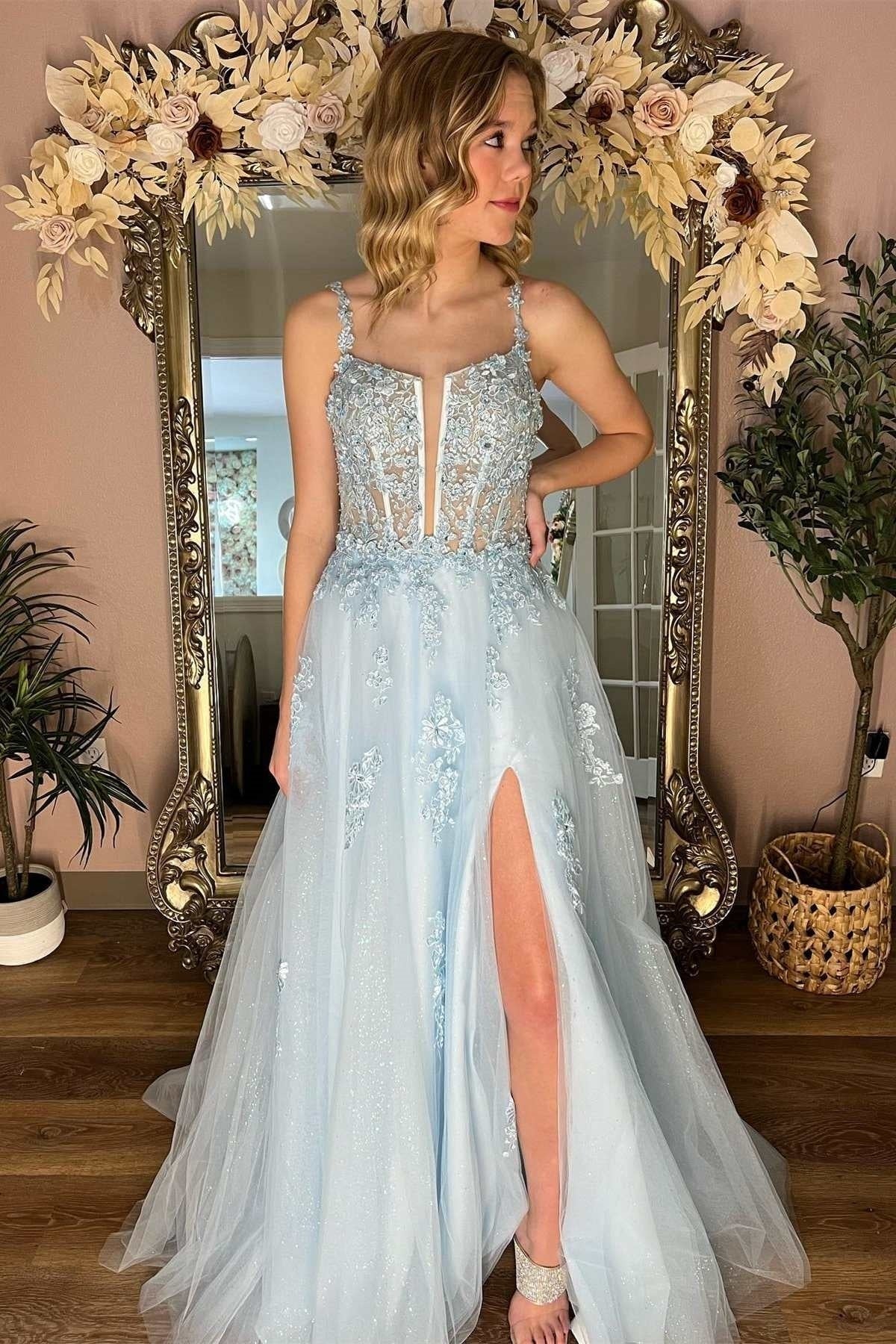 Light Blue Bateau Empire Lace Appliques Party Prom Dress Movousdress Light Blue Bateau Empire Lace Appliques Party Prom Dress Movousdress