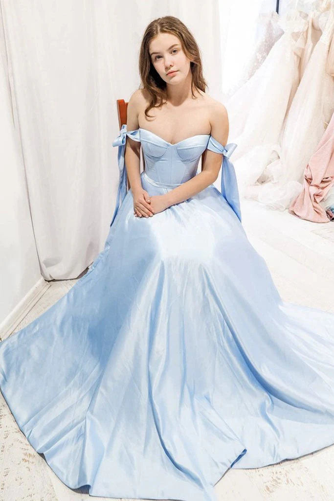 Light Blue Satin A-Line Off-Shoulder Long Party Prom Dress