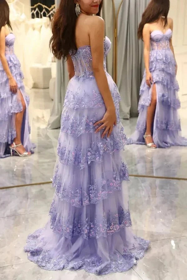 Lilac A-Line Lace Tiered Sweetheart Prom Dress