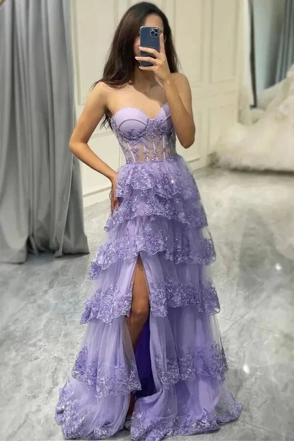 Lilac A-Line Lace Tiered Sweetheart Prom Dress