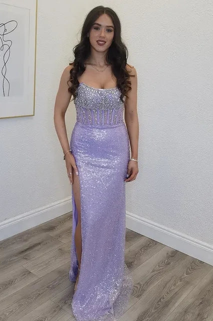 Lilac Sequin Empire Bateau Strapless Party Prom Dress With High Slit