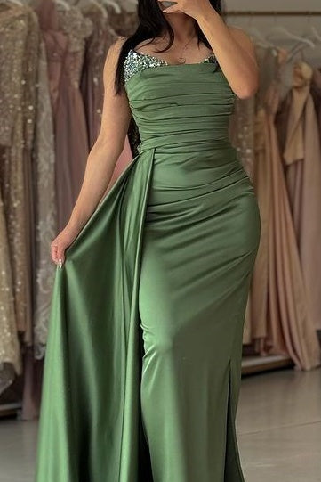 Long Sequins Sleeves Empire Satin Fitter Formal Party Dress