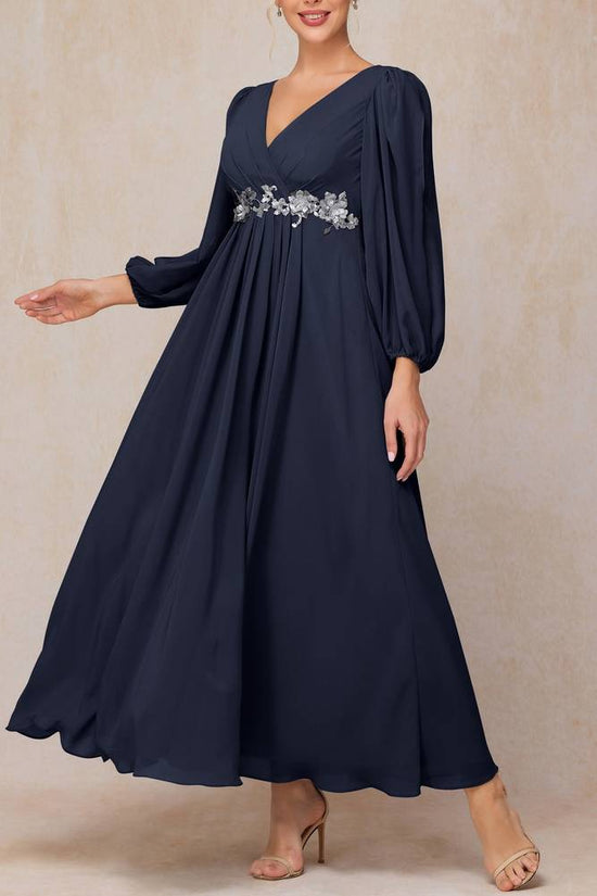 Long Sleeves A-Line V-Neck Chiffon Mother Of Brides Dress