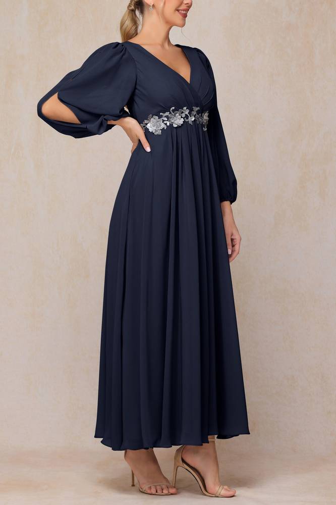 Long Sleeves A-Line V-Neck Chiffon Mother Of Brides Dress