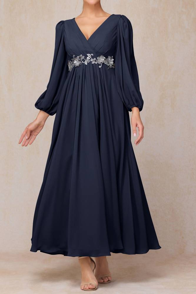 Long Sleeves A-Line V-Neck Chiffon Mother Of Brides Dress