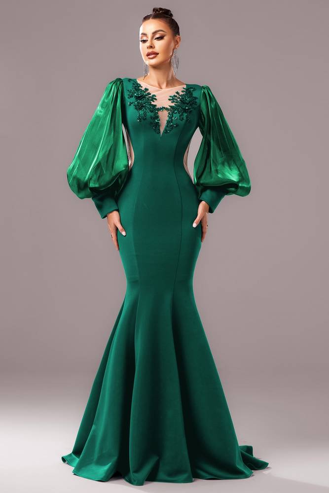 Long Sleeves Mermaid Appliques Formal Party Dress