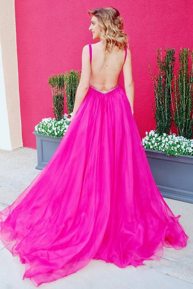 Low V-Neck Backless Satin Party Prom Dress With Train