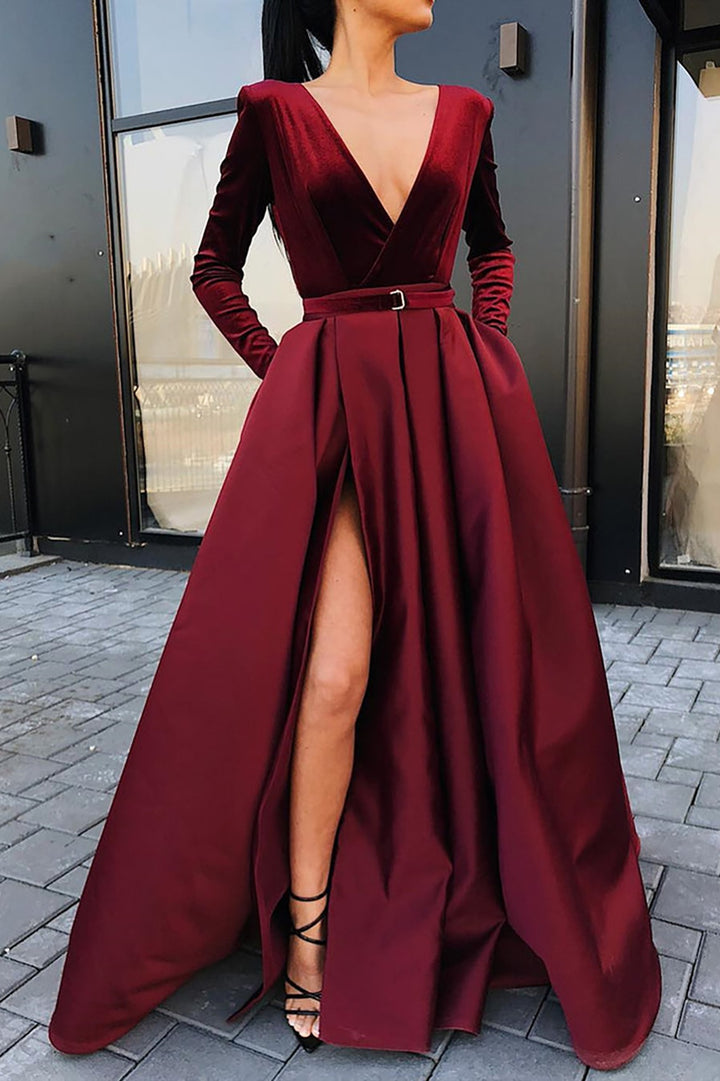 Low V-Neck Long Sleeves Empire A-Line Party Prom Dress