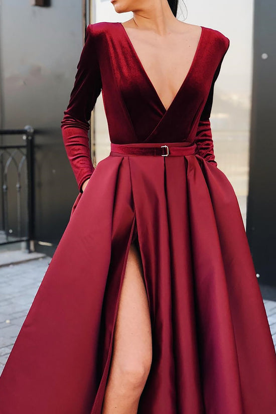 Low V-Neck Long Sleeves Empire A-Line Party Prom Dress