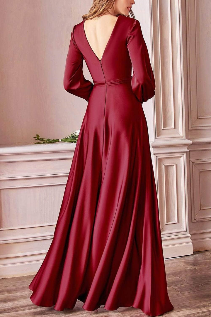 Low V-Neck Long Sleeves Empire Satin A-Line Mother Of Brides Dress