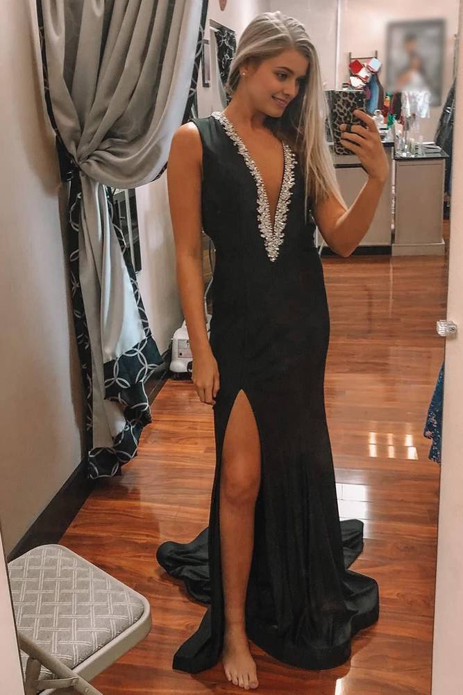 Low V-Neck Sleeveless Open Back Mermaid Beaded Prom Dress