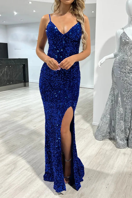 Low V-Neck Sleeveless Open Back Sequins Prom Dress