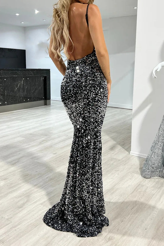 Low V-Neck Sleeveless Open Back Sequins Prom Dress