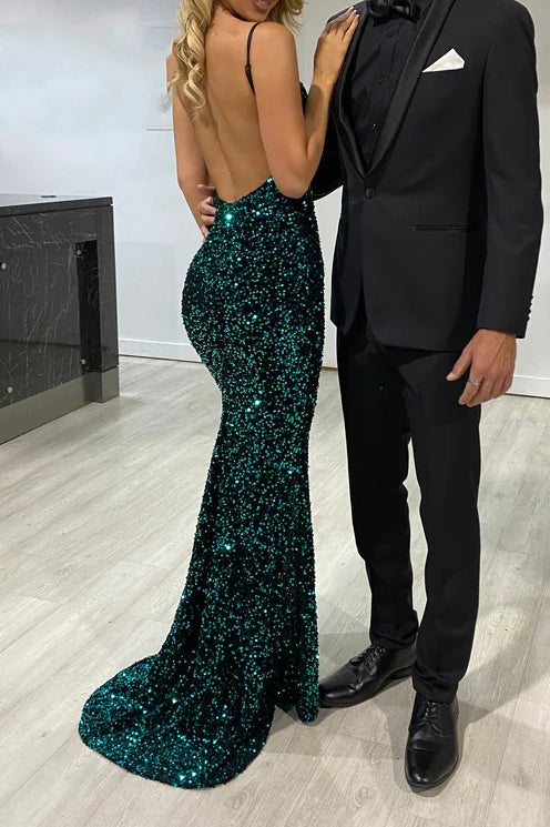 Low V-Neck Sleeveless Open Back Sequins Prom Dress