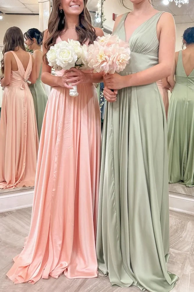 Low V-Neck Sleeveless Satin A-Line Bridesmaid Dress