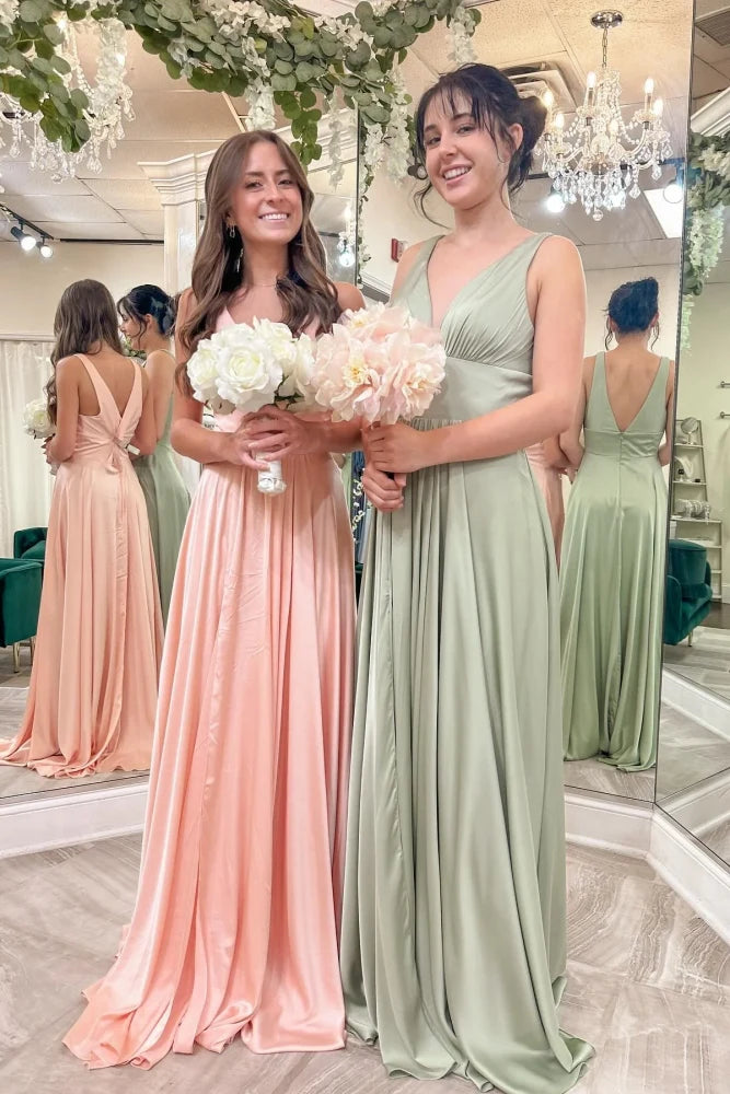 Low V-Neck Sleeveless Satin A-Line Bridesmaid Dress