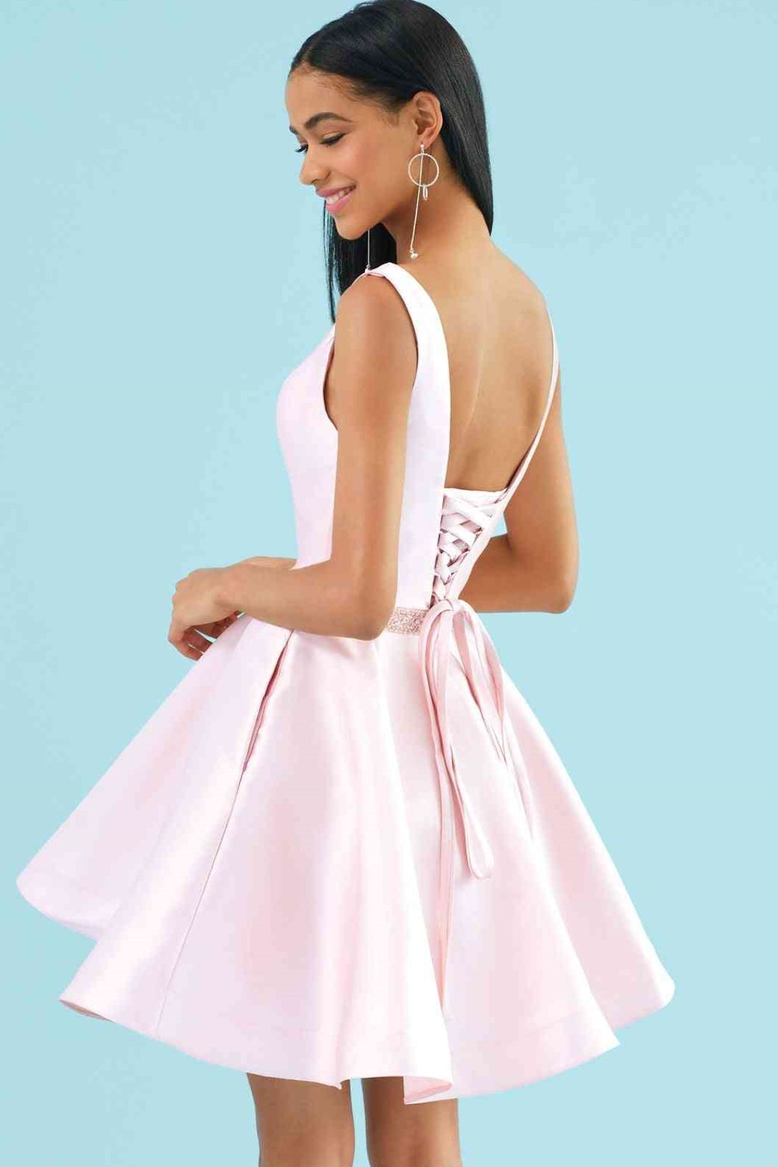 Low V-Neck Sleeveless Satin A-Line Short Homecoming Dress