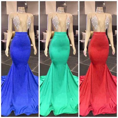 Low V-Neck Sleeveless Sheer Empire Beaded Mermaid Formal Party Gown