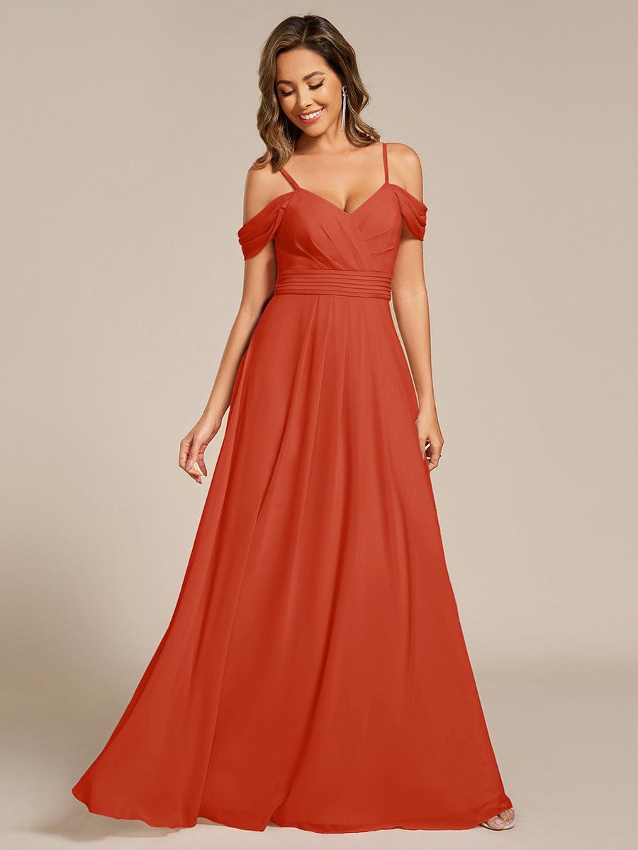 V-Neck Off-Shoulder Satin A-Line Empire Long Bridesmaid Dress