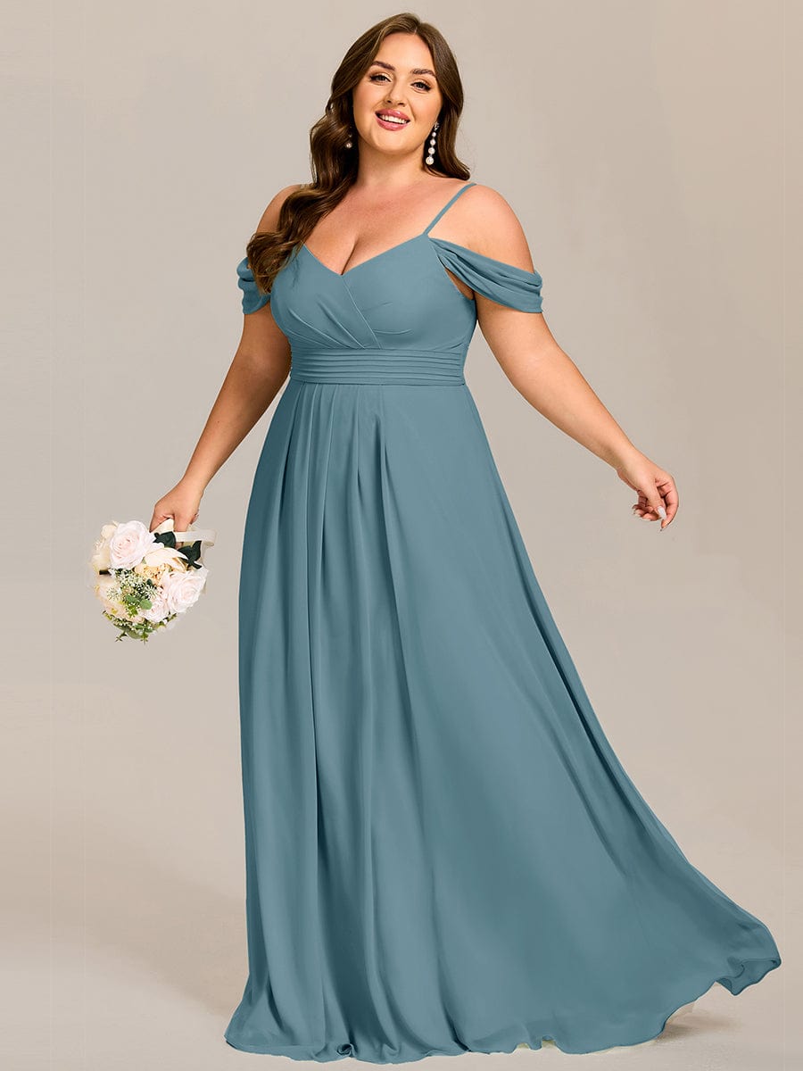V-Neck Off-Shoulder Satin A-Line Empire Long Bridesmaid Dress