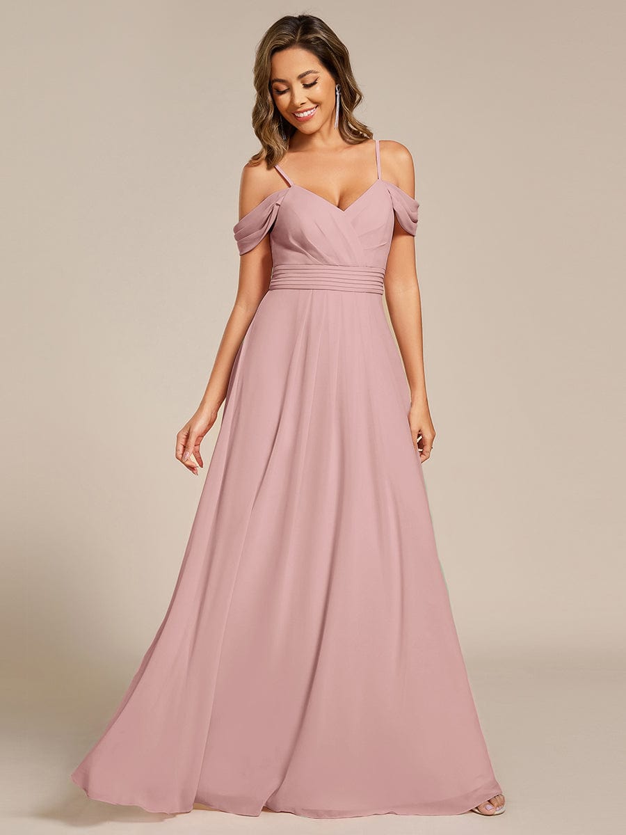 V-Neck Off-Shoulder Satin A-Line Empire Long Bridesmaid Dress