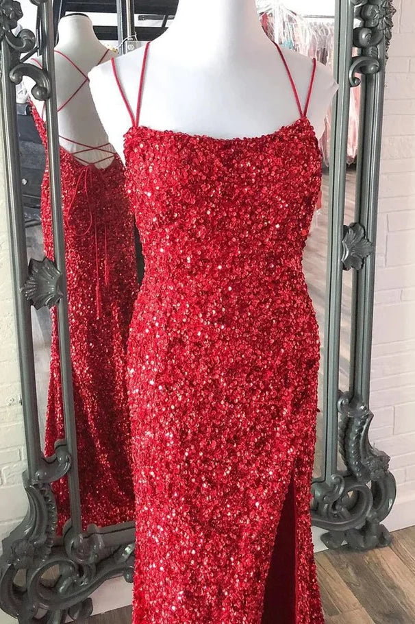 Mermaid Bateau Sleeveless Lace Up Sequins Party Prom Dress