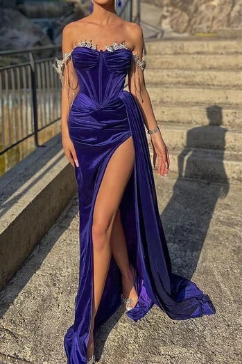 Mermaid Beaded Off-Shoulder Ruched Velvet Formal Prom Dress