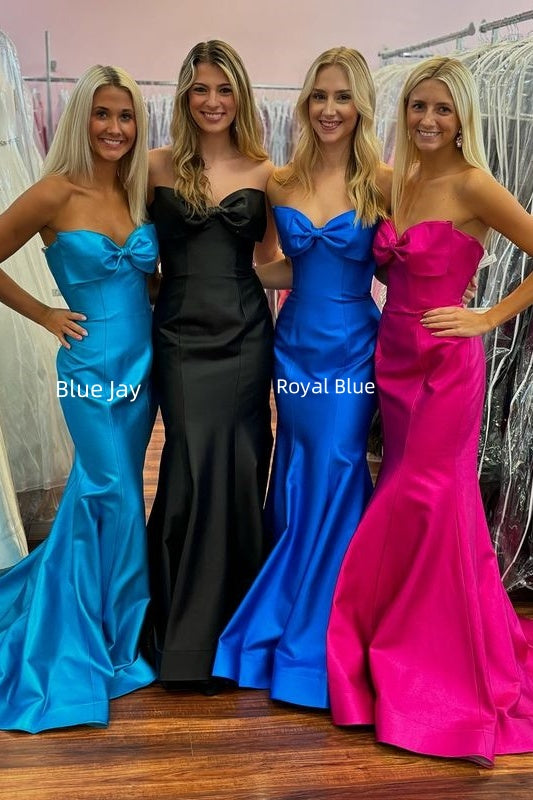 Mermaid Bow Strapless Satin Long Prom Dress