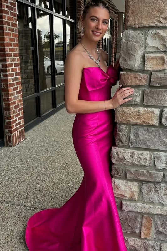 Mermaid Bow Strapless Satin Long Prom Dress