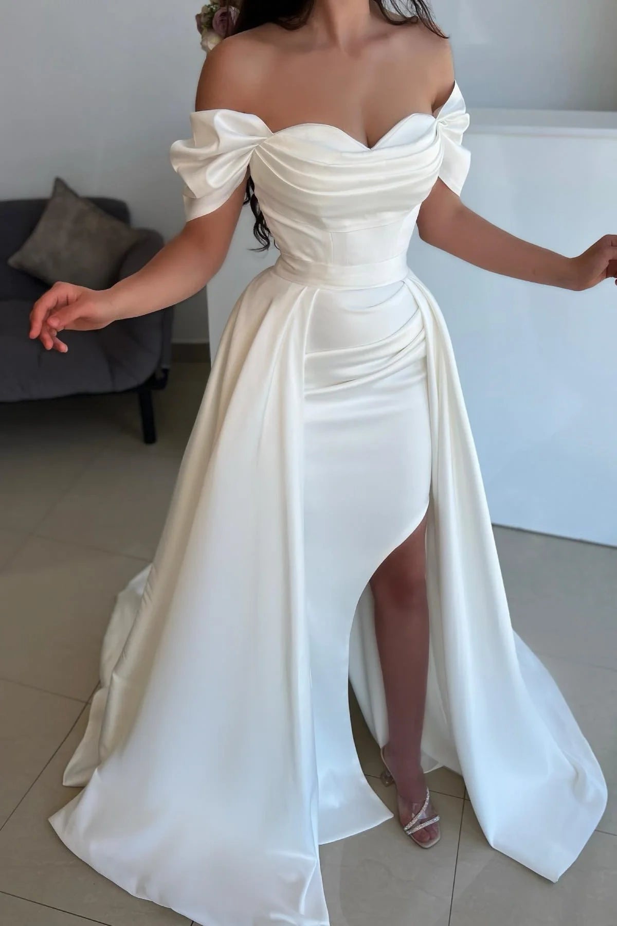 Mermaid Satin Off-Shoulder Formal Party Dress With Train