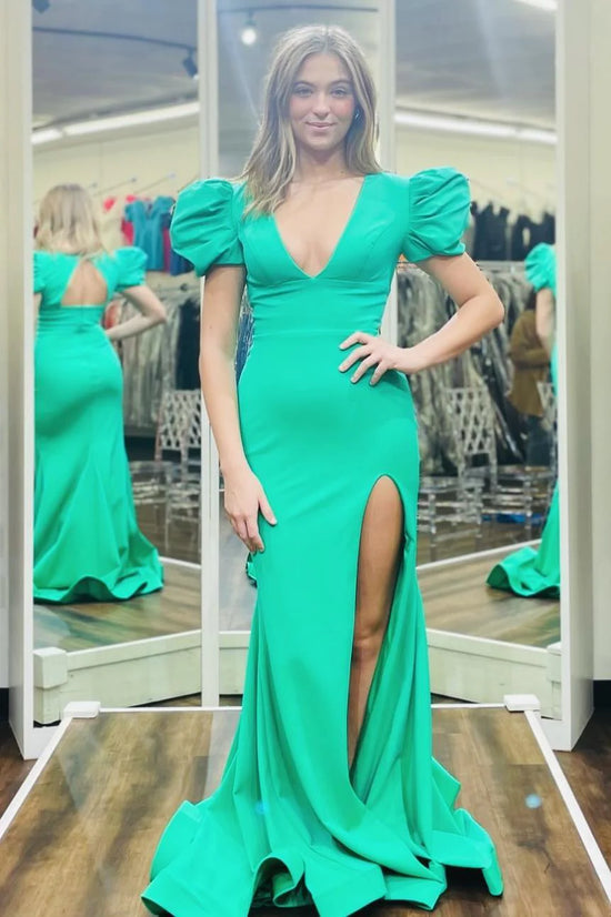 Mermaid Satin V-Neck Short Sleeves Prom Dress With Slit